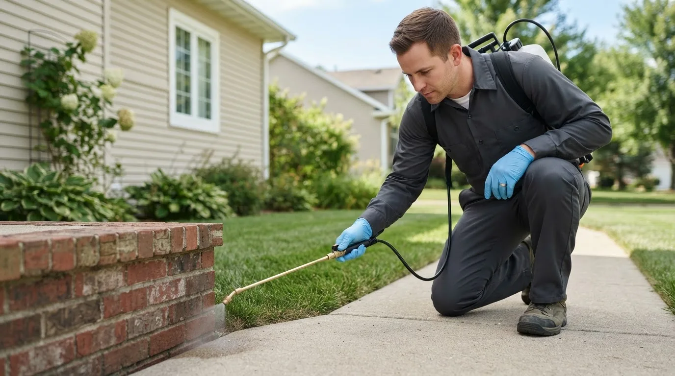 Pest control technician treating a home near Rombauer, MO