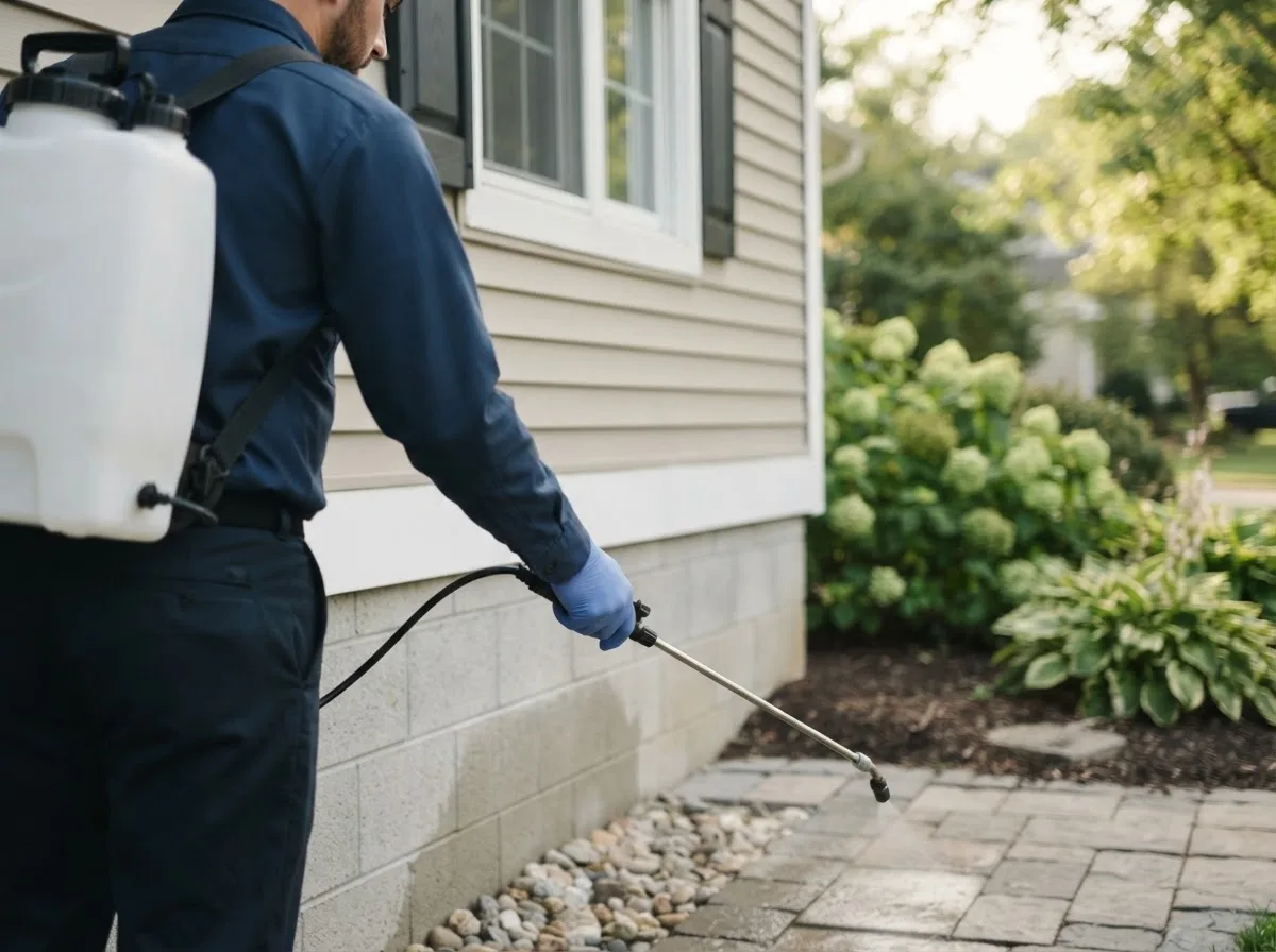 Pest control technician inspecting a home in Rombauer, MO